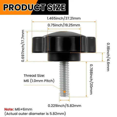 Side view of M6 20mm Star Hand Knobs Set Black Plastic Hex Clamping for Umbrella Bases with measurements and thread size.