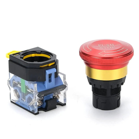 Built Tough Emergency Stop Button 10A 440V Latching Push Switch, red 22mm IP65 waterproof self-locking shutoff for industrial panels.
