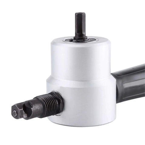 Close-up of Heavy Duty Sheet Metal Nibbler Cutter With Double Head Design, showing the drill powered tool for cutting metal surfaces