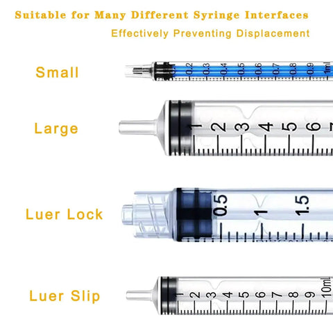 Small and large syringe interfaces with Luer Lock and Luer Slip designs for precise fluid transfer and injection tasks.