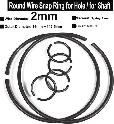 Round Wire Snap Rings Set Of 10 For Shafts And Holes 2mm Wire Diameter Spring Steel Retaining Circlips Fits OD 14mm To 113.5mm Great For Bearings Cylinders Auto Valves And Machinery