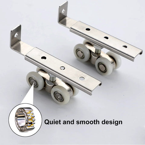 Heavy Duty 2 Piece 4 Wheel Metal Sliding Track Wheel Set With Hanger And Ball Bearing Pulleys for quiet smooth operation