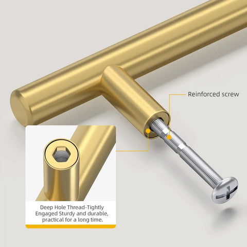 Close-up of Brushed Gold Cabinet Handles 10 Pack 3 Inch Stainless Steel Drawer Pulls Durable Kitchen Cabinet Hardware With 76mm Hole Centers And 127mm Total Length For Dresser Wardrobe Bathroom And Bedroom Easy DIY Upgrade, showing reinforced screw detail.