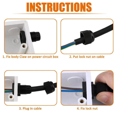 Instruction guide for installing 32 Pieces Nylon Cable Gland Kit Waterproof IP68 Adjustable 3 To 18mm With NPT 3/4 NPT 1/2 And PG13.5 PG11 PG9 PG7 Threaded Glands For All Weather Ready Enclosures And Electrical Boxes Black.