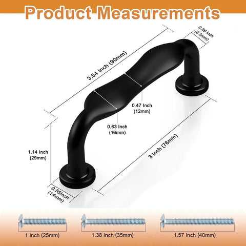 Matte Black Cabinet Handles 30 Pack With 3 Inch Hole Centers 76mm Solid Zinc Alloy Kitchen Cupboard Drawer Pulls Product Measurements