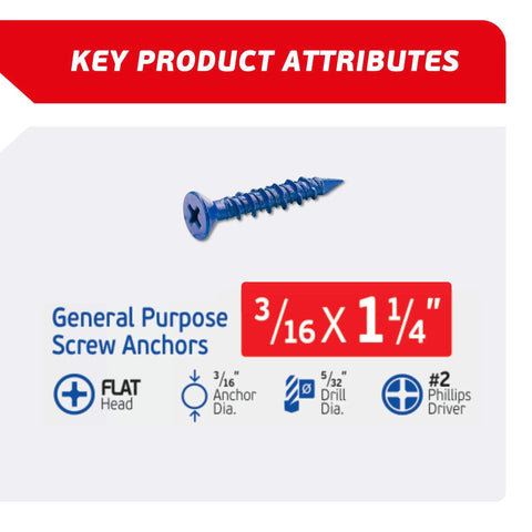 3/16 X 1-1/4 Inch Countersunk Phillips Flat Head Blue Concrete Screw Anchors Kit with anchor size and drill info