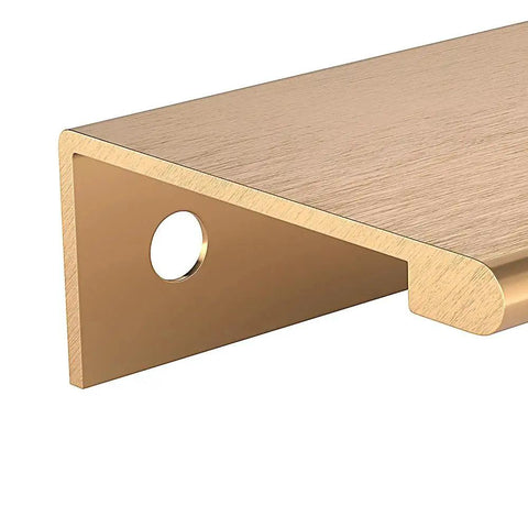 Close-up of 1-Inch Center-To-Center Satin Gold Modern Cabinet And Drawer Edge Pull Handle for kitchen, length 1.56 inches