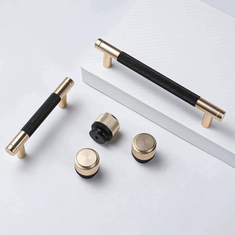 Gold And Black Knurled 5 Inch Center Bar Cabinet Pulls Set Of 10 Aluminum Handles for Brushed Gold Drawers, shown with matching knobs.