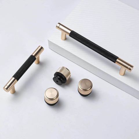 Gold And Black Knurled Bar Cabinet Pulls Sleek With 5 Inch Center To Center, 6.2 Inch Length, 1.37 Inch Width, 0.47 Inch Height, 24 Pack Aluminum Commercial Grade Brushed Gold Drawer Pulls For Cabinets Cupboards Dressers With 48 Short And 48 Long Screws shown from above.