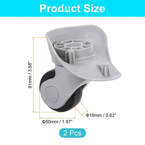 2 Pieces Luggage Wheel Replacement Kit for Suitcase Trolley Wheels Grey with size details, 91mm height, 50mm diameter