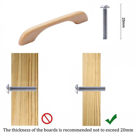 Installation guide for 4 Pcs Beech Wood Drawer Handles Flat Cabinet Pulls 128mm Center To Center Hole Distance with screw measurement.