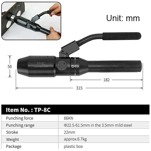 Heavy Duty Hydraulic Punch Tool Kit With 6 Die Holes Half Inch To Two Inch Metal Sheet Punch with size details and diagram