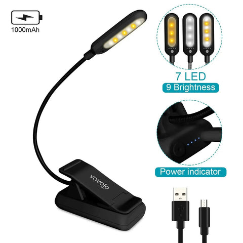 Rechargeable Clip Reading Light With 7 LEDs, 9 Color Temperatures And 9 Levels shown with power indicator and USB cable