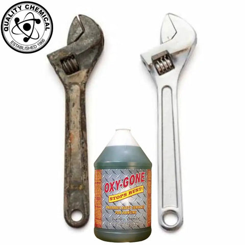 Easy Spray On Rust Remover And Metal Treatment For Metal Surfaces Oxy Gone By Quality Chemical 128 Oz Combo bottle with wrenches