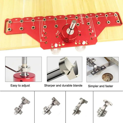 No Fuss 2 In 1 Shelf Pin And Hinge Jig With 35mm Hole Drill Bits, red metal tool for cabinet door hinge hole positioning