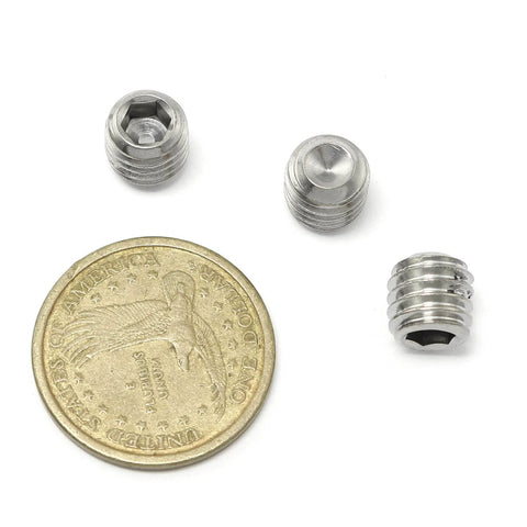10 Pack 3/8-16 Stainless Steel Cup Point Socket Set Screws Full Thread Hex Drive 304 Grade Rust Resistant Flat Point Grub Screws shown next to a coin for scale