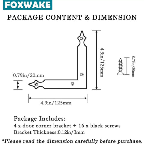 Diagram of Rustic Barn Door Corner Brackets Set 4.9 In Matte Black L Shape Sliding Door Hardware showing dimensions and screws.