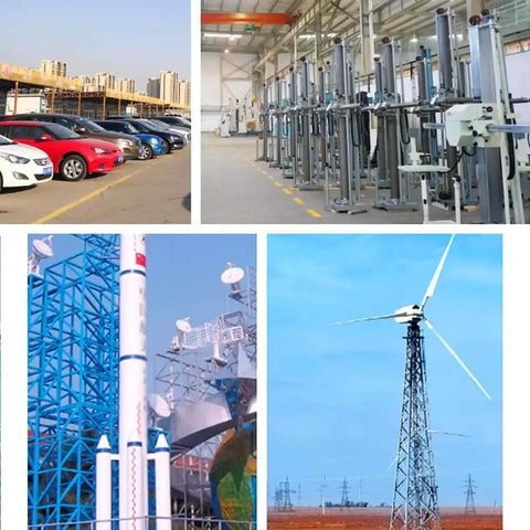Collage of industrial applications: parking lot, machinery in factory, rocket launch, and wind turbine on field.