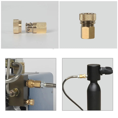 Brass 8mm quick-disconnect to 1/8 NPT adapter set with knurled cap; shown with air hose and cylinder.