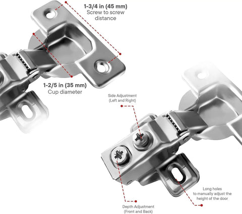 Close-up view of 4 Pack One Half Inch Overlay Concealed Cabinet Hinges with Soft Close and 105 Degree Open for Face Frame and Frameless Doors, Satin Nickel Finish, 45mm Stainless Steel, Six Way Adjustable Self Closing with adjustment details visible.