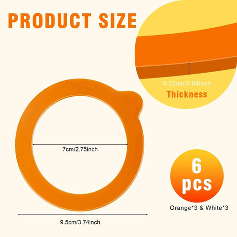 Wide Mouth Mason Jar Gasket Set 6 Pack Silicone Sealing Rings 3.75 Inch Outer Diameter Food Grade Airtight Replacement Gaskets Fits Most Mason Jars Leakproof Seals For Canning White And Orange shown in orange with dimensions