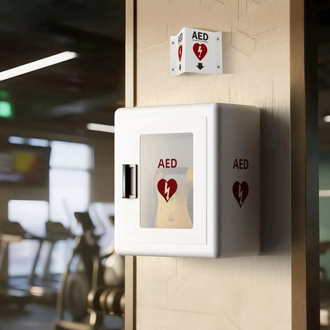Sturdy Steel AED Defibrillator Cabinet Wall Mount With Magnetic Door Closure And Embedded Handle in a public gym setting.