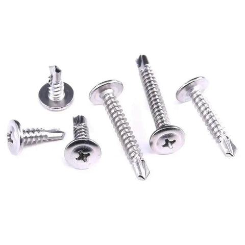 410 Stainless Steel Self Drilling Screws Kit For Metal with Wafer Head Phillips Drive in six sizes, close-up view.