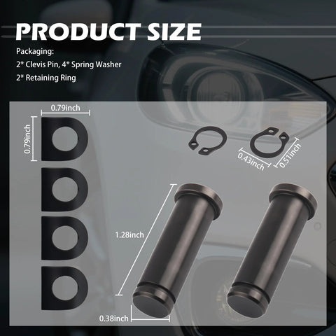 Product size diagram for 8Pcs Motorcycle Foot Pegs Mounting Kit, includes clevis pins, washers, and rings compatible with Harley Davidson.