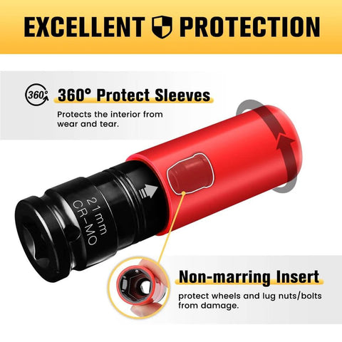 21mm One Half Inch Drive Wheel Protector Impact Socket Set Non Marring Lug Nut Thin Wall Deep Sockets Chrome Molybdenum Steel 6 Point Color Coded Protection For Wheels Hubs And Tire Changes image showing socket design and protection features.