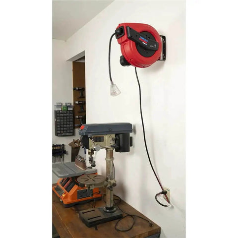 Lincoln 1220B Pro Shop Utility Reel Kit With Air Water Retractable Hose Reel 50 Ft And 60 Ft Tri Tap Power Cord Reel installed in garage