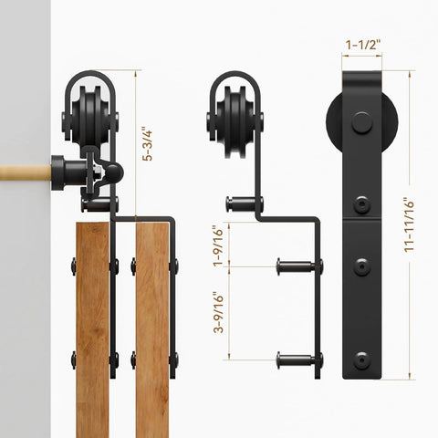 Heavy Duty 8 Foot Sliding Barn Door Hardware Kit for Double Wooden Doors with Single Track and Bypass Floor Guide components.
