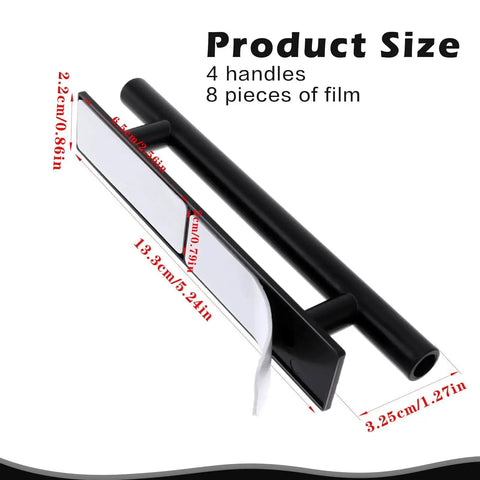 Product dimensions of 4 Pack Self Adhesive Cabinet Handles in Black ABS Plastic with peel-and-stick design and adhesive strips.