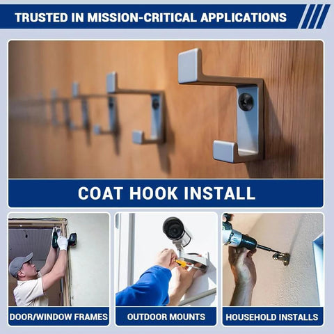 Installation of a coat hook and other setups like door frames and outdoor mounts using tools for accurate fitting.