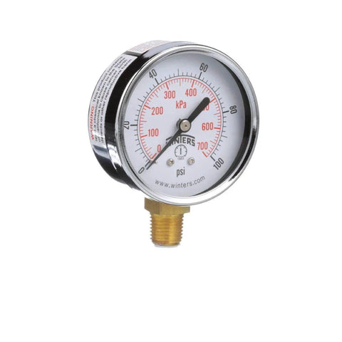 Front view of Budget Friendly Two Point Five Inch Dial Utility Pressure Gauge With Brass Wetted Parts And Steel Case Dual Scale Psi And KPa Plus Hg Vacuum Bottom Mount One Quarter Inch NPT Thirty Inch Hg To Zero Vac Three Two Three Percent Accuracy