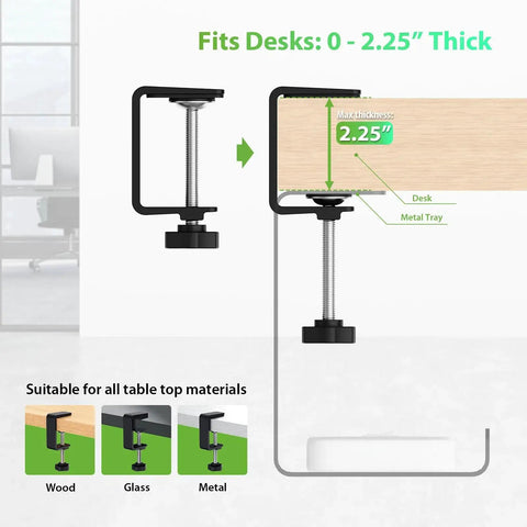 Illustration of no-drill clamp for Two Pack 16 Inch Under Desk Cable Management Trays Expandable To 32 Inches Black on desk.