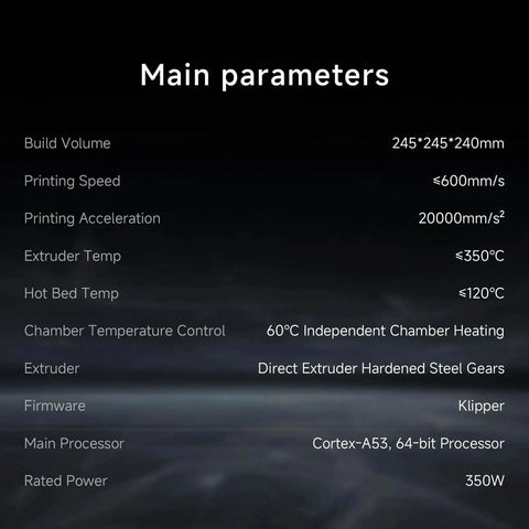 Main parameters of Rocket Fast 3D Printer With Auto Leveling And Camera, Dual Z Axis CoreXY, 600mm Per Second Print Speed.