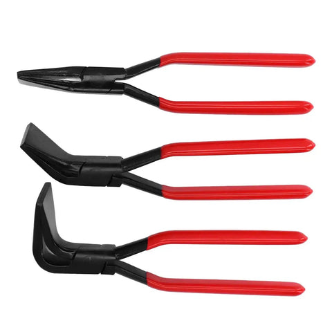 Pro Grade Hand Seamer Pliers with interchangeable straight, 45°, and 90° jaws for precise sheet metal work, red handles
