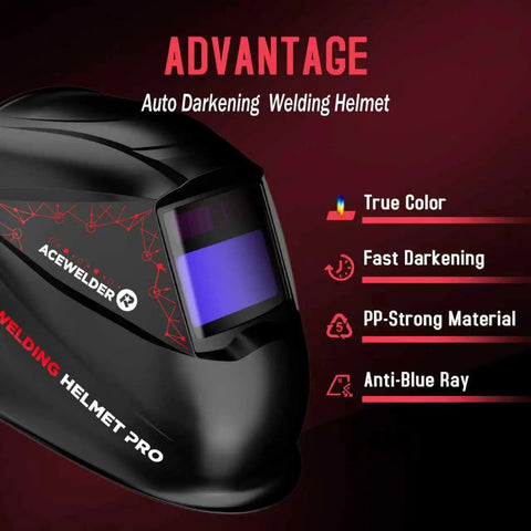 Black welding helmet with auto-darkening visor, true color display, fast darkening, made of PP-Strong material, anti-blue ray.