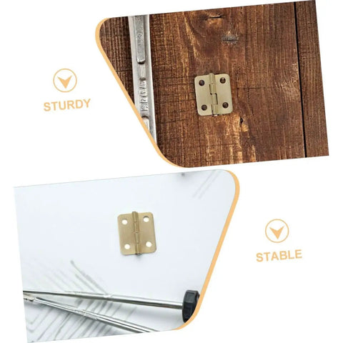 40 Piece Iron Miniature Hinges With Screws For Jewelry Box And Wooden Chest, shown on wood and white backgrounds for stability.