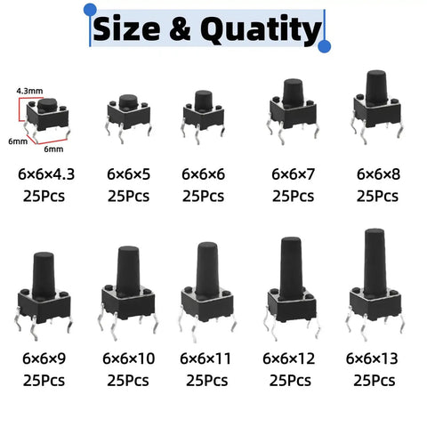 250 Piece 10 Value 6x6mm Tactile Push Button Switch Kit For Arduino And Breadboard Projects, Micro Momentary 4 Pin Tact Switches