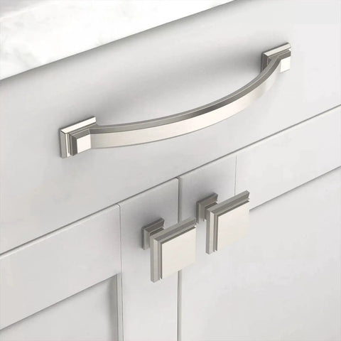 Installed 10 Pack 4 Inch Brushed Satin Nickel Cabinet Handles And Pulls For Kitchen Cabinets And Cupboards, showcasing satin nickel finish.