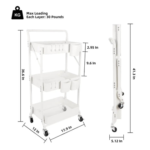 Three-Tier Folding Rolling Utility Cart With Wheels foldable storage organizer dimensions and side view in white.