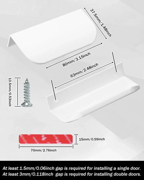 Dimensions and installation guide for 6 Pack Adhesive Edge Pulls for Cabinets and Drawers, includes adhesive strip and optional screws.