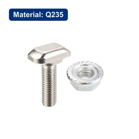 Close-up of M6 T Slot Nuts And Bolts Set For 3030 Aluminum Extrusion showing one drop-in hammer head T-bolt and hex flange nut.