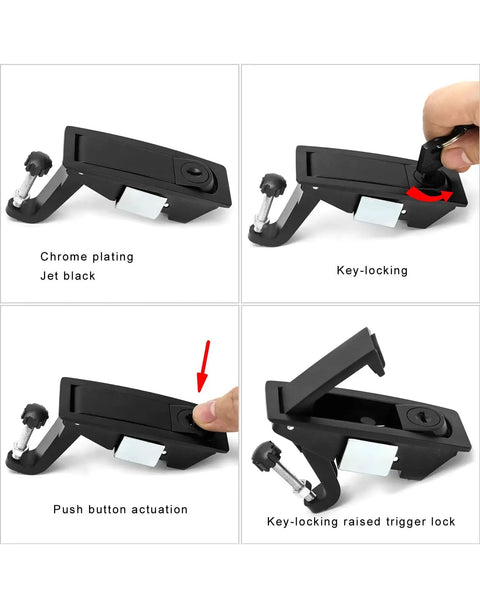Large Hand Operated Compression Latch With Push Button Actuation For Marine Use in open and closed positions with hand using latch