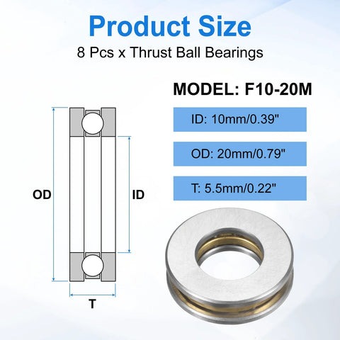 F10-20M thrust ball bearings with washers, chrome steel; ID 10mm, OD 20mm, 5.5mm thick (8 pcs) for conveyor systems
