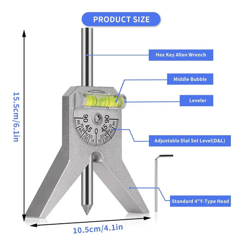Pipe Center Finder And Marker Centering Tool For Welders And Pipe Fitters With Pro Grade Adjustable Dial Bubble Protractor 4 Inch Y Type Base Safety Centering Head Centerline Marking And Butt Angle Layout For Pipes And Tanks. Front view showing size, level, and components.