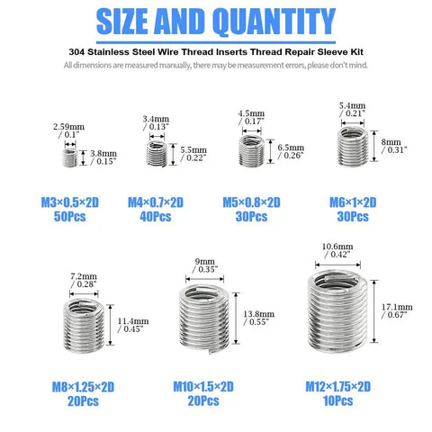 Diagram of 200 Pcs Stainless Steel Wire Thread Inserts Kit M3 M4 M5 M6 M8 M10 M12 Helical Coil Sleeves with size and quantity info