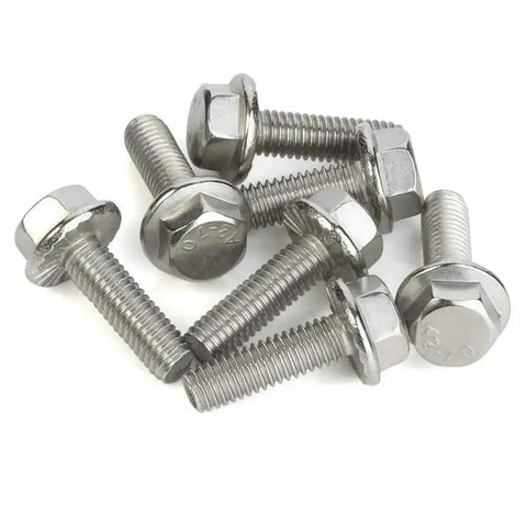 Durable Stainless Steel A2 70 M6 Flanged Hex Head Bolts DIN 6921, 10mm length, shown in a pile