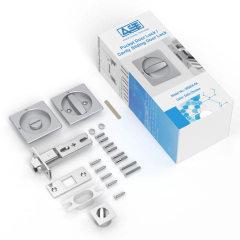 Boss Square Pocket Door Lock With Edge Pull And Flush Pull Sturdy Privacy Bifold And Cavity Sliding Door Hardware With Latch Zinc Alloy Fingermark Proof Finish In Satin Chrome Replacement Door Lock Kit For Hidden Pocket Doors, showing lock components and packaging.